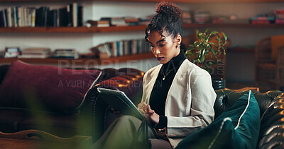 Buy stock photo Tablet, typing and research with business woman for publishing, editing and planning. Author feedback, media release and proofreading novel with person reading in creative agency for online review