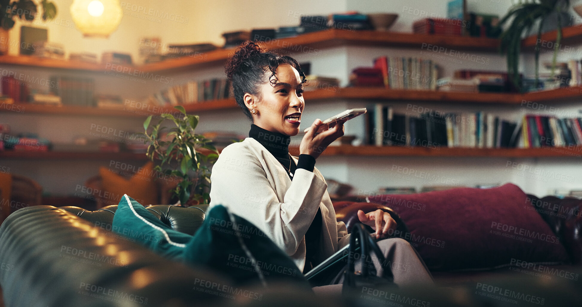 Buy stock photo Happy, business woman and speaker with phone for audio message or communication on sofa in home. Female person, employee or user talking on mobile smartphone for voice note, app or chat in house