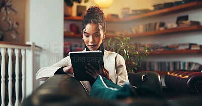 Buy stock photo Break, night and tablet with business woman on sofa in lounge of office for planning or research. App, late and relax with corporate employee in workplace lobby for reading or report deadline
