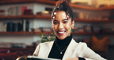 Buy stock photo Portrait, employee and woman with smile in office, real estate or confident with tablet or research. Happy, realtor and person with tech for market analysis on website, pride or ambitious for listing
