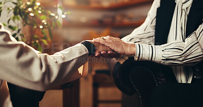 Buy stock photo People, hands or empathy with therapist for counseling, understanding or rehabilitation in office. Closeup, client and counsellor with touch or support for sympathy, help or advice in healing session