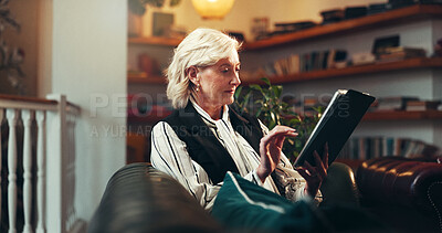 Buy stock photo Tablet, reading and research with business woman for publishing, editing and planning. Author feedback, media release and proofreading novel with mature person in creative agency for online review