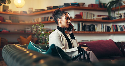 Buy stock photo University, business woman or phone call in library for interview feedback, job update or opportunity. Lounge, applicant and speaking to contact for professor vacancy, offer and college recruitment