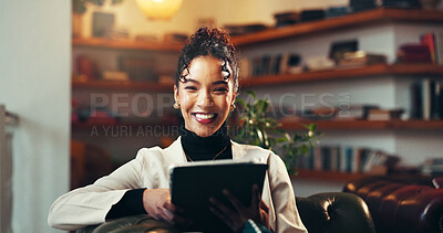 Buy stock photo Tablet, smile and portrait with business woman for publishing, editing and planning. Author feedback, media release and proofreading novel with happy person in creative agency for online review