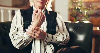 Buy stock photo Hands, business woman and wrist pain with injury, repetitive stress or fibromyalgia with remote work. Home, ache and person with carpel tunnel, arthritis or mature freelancer with muscle fatigue