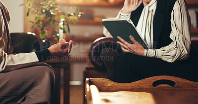 Buy stock photo People, hands and tablet with psychologist for therapy session, counseling or rehabilitation. Counselor, client and technology with discussion for help, advice or mental health challenge in lounge