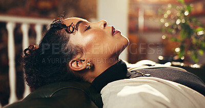 Buy stock photo Break, breathing and relax with business woman sleeping in office for recovery from fatigue. Burnout, eyes closed and face with corporate employee in lounge of workplace for rest or wellness