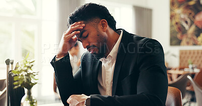 Buy stock photo Stress, headache and business man in airport lounge for overbooked flight, jet lag and fatigue. Travel anxiety, schedule crisis and tired with frustrated person for departure delay and ticket error