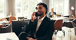 Airport lounge, business man and phone call for travel plan,  update schedule and trip. Mobile, smile and worker with conversation for flight, journey or corporate discussion for networking in lobby