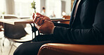 Hands, pain and business man with injury, fibromyalgia and muscle inflammation in office lobby. Hurt worker, arthritis or fingers with health problem, carpal tunnel or tired with burnout at workplace
