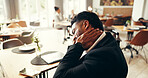 Stress, neck pain and business man in airport lounge for overbooked flight, jet lag and fatigue. Travel anxiety, schedule crisis and tired with frustrated person for departure delay and ticket error