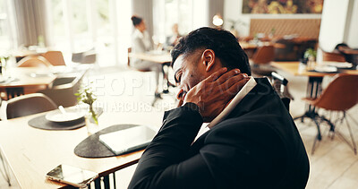 Buy stock photo Stress, neck pain and business man in hotel for poor sleep schedule, jet lag and muscle fatigue. Travel anxiety, joint inflammation and tired with frustrated person in lodge for resort discomfort