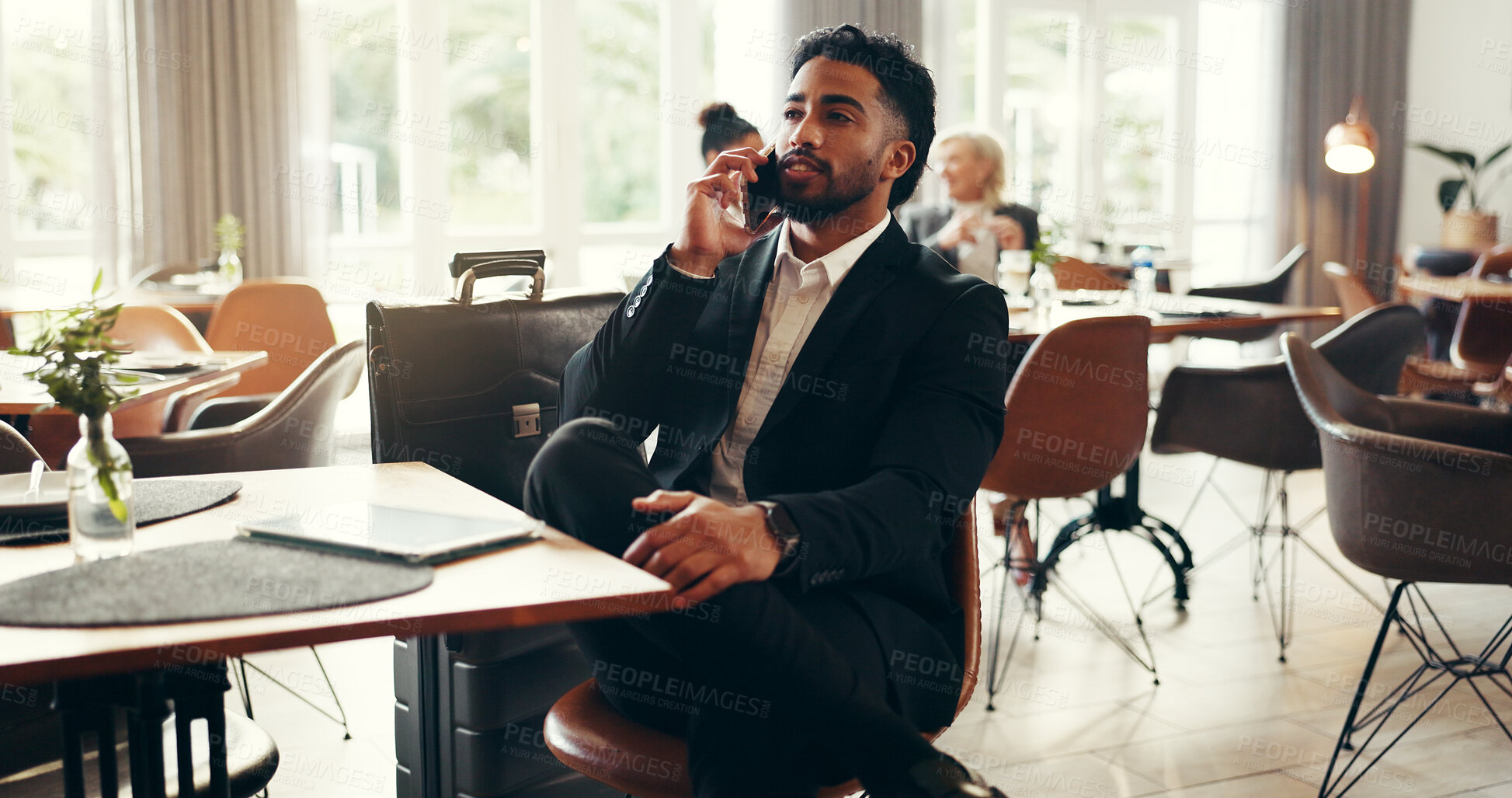Buy stock photo Airport lounge, business man and phone call for journey, reservation update or trip. Mobile, chat and worker with conversation for travel plan, flight or corporate discussion for networking in lobby