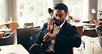 Lobby, phone call and business man with time, check watch and schedule for travel communication. Entrepreneur, work trip and luggage for networking, opportunity and negotiation for client contact