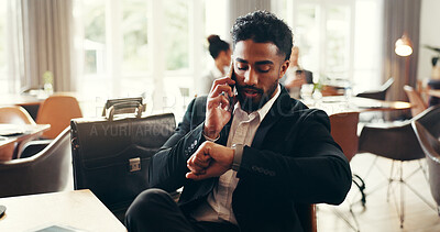 Buy stock photo Lobby, phone call and business man with time, check watch and schedule for travel communication. Entrepreneur, work trip and luggage for networking, opportunity and negotiation for client contact