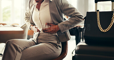 Buy stock photo Hands, business and woman with stomach pain in lobby for period ache, ibs and travel medical emergency. Female person, abdomen and work trip with constipation, digestion and menstrual cramps of cycle