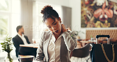 Buy stock photo Business, neck pain and woman in cafe, stress and inflammation with fatigue, travel and investor. Person, global trader and employee in restaurant, bad posture and fibromyalgia with discomfort