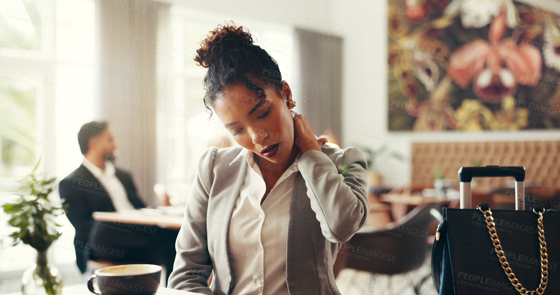Buy stock photo Business, neck pain and woman in cafe, stress and inflammation with fatigue, travel and investor. Person, global trader and employee in restaurant, bad posture and fibromyalgia with discomfort