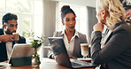Discussion, coffee and business people in cafe with laptop for investment planning in collaboration. Cappuccino, meeting and finance advisors with manager for stock market research in restaurant.