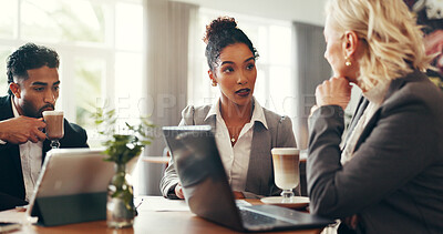 Buy stock photo Discussion, coffee and business people in cafe with laptop for investment planning in collaboration. Cappuccino, meeting and finance advisors with manager for stock market research in restaurant.