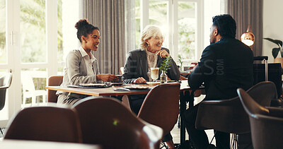 Buy stock photo Hotel lounge, team and business people in meeting for finance project and travel with coffee. Smile, corporate group and conversation for investment trip, collaboration or hospitality discussion