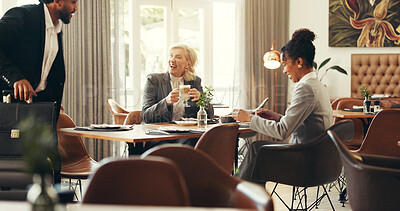 Buy stock photo Corporate, group and laughing in restaurant, meeting or boss with smile for success, coffee or latte. Colleagues, people and attorney with cappuccino in diner, justice and happy for win of case