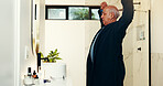 Senior man, bathroom mirror and stretching in morning, wake up and circulation at retirement home. Elderly person, wellness and start routine with pajamas, eyes closed and breathing at apartment