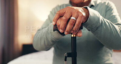 Buy stock photo Senior hands, cane and recovery in home for injury, stroke or osteoporosis in bedroom for retirement. Elderly person with disability, walking stick or crutch for mobility, balance and rehabilitation