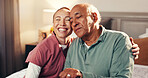 Happy, hug and nurse with senior man in home for support, empathy or compassion on good news. Smile, relax and caregiver embracing elderly male person in bedroom for healthcare checkup in house.