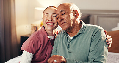 Buy stock photo Happy, hug and nurse with senior man in home for support, empathy or compassion on good news. Smile, relax and caregiver embracing elderly male person in bedroom for healthcare checkup in house.