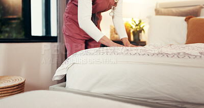 Buy stock photo Cleaning, bed and nurse in home for housekeeping service for changing sheets and duvet for comfort. Tidy, chores and female medical caregiver preparing bedroom for hygiene in nursing facility.