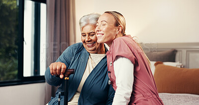 Buy stock photo Smile, hug and nurse with senior woman in home for support, empathy or compassion on good news. Happy, relax and caregiver embracing elderly female person in bedroom for healthcare checkup in house.