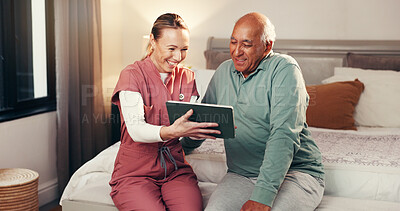Buy stock photo Smile, nurse and tablet with senior man for good news, medical report and diagnosis results. Digital, caregiver and elderly person for consultation, insurance cover and treatment progress at house