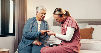 Buy stock photo Nurse, blood test and finger with old woman in bedroom for diabetes, advice and support. Consulting, glucose levels and healthcare with caregiver and patient in nursing home for retirement and trust