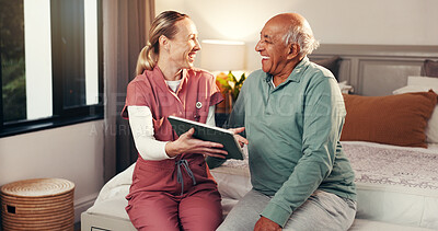 Buy stock photo Happy, nurse and tablet with senior man for good news, medical report and diagnosis results. Digital, caregiver and elderly person for consultation, insurance cover and treatment progress at house