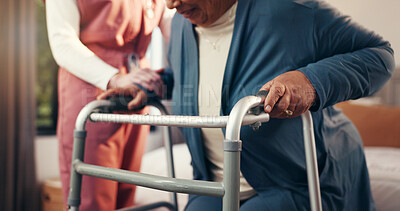 Buy stock photo Caregiver, hands or old person with walker for help, rehabilitation or balance by bed. Assisted living, nurse and senior patient with disability, walking frame for support and mobility care in home