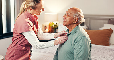 Buy stock photo Nurse, help and clothes with old man in bedroom for dressing, advice and support. Getting ready, morning routine and healthcare with caregiver and patient in nursing home for retirement and trust