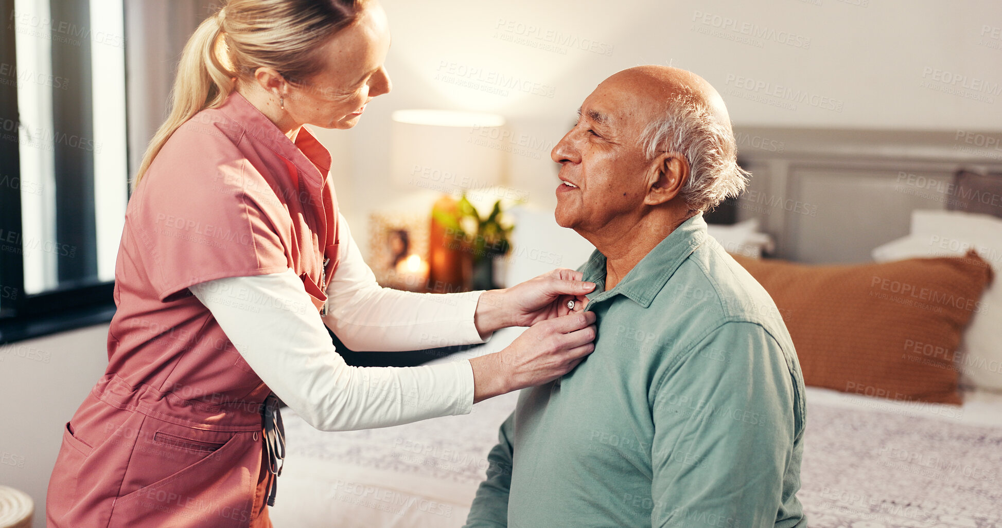 Buy stock photo Nurse, help and clothes with old man in bedroom for dressing, advice and support. Getting ready, morning routine and healthcare with caregiver and patient in nursing home for retirement and trust