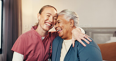 Buy stock photo Happy, hug and nurse with senior woman in home for support, empathy or compassion on good news. Smile, relax and caregiver embracing elderly female person in bedroom for healthcare checkup in house.