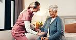 Caregiver, senior woman and kindness in nursing home for assisted living, homecare and help. Elderly patient, nurse and happy in bedroom for healthcare, frail care and support at retirement facility
