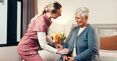 Buy stock photo Caregiver, senior woman and kindness in nursing home for assisted living, homecare and help. Elderly patient, nurse and happy in bedroom for healthcare, frail care and support at retirement facility