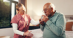 Home, nurse or old man with help, drinking water and vitamins with wellness, retirement or smile. Pensioner, prescription or caregiver with supplements, antibiotics or health with safety or hydration