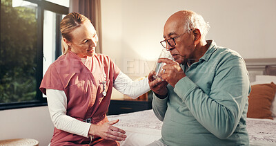 Buy stock photo Home, nurse or old man with help, drinking water and vitamins with wellness, retirement or smile. Pensioner, prescription or caregiver with supplements, antibiotics or health with safety or hydration
