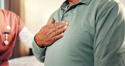 Buy stock photo Hands, nurse and chest pain in home with senior patient, consultation and symptoms in retirement. People, caregiver and elderly person with discussion for cardiology, breathing or infection at house