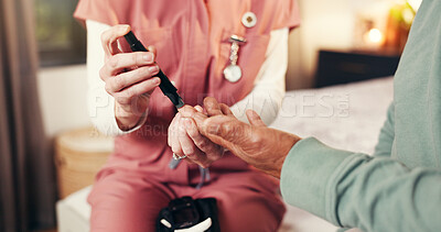 Buy stock photo Nursing home, hands and blood glucose test for senior patient, healthcare or checking for diagnosis. Medical help, nurse and equipment to monitor diabetes, retirement or checkup for elderly person