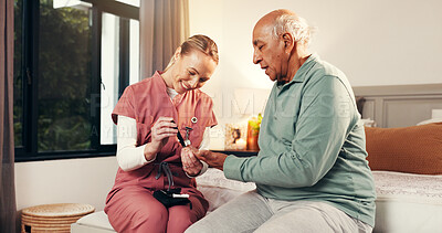 Buy stock photo Nursing home, caregiver and insulin for senior patient, wellness or injection to help with diabetes. Healthcare, elderly person and treatment to lower blood glucose levels, homecare or nurse with pen