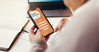 Buy stock photo Phone screen, health insurance and ui with hands of senior person for application, app or sign up. Information, membership benefits and medical cover with man for online review or login in home