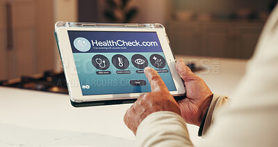 Buy stock photo Senior person, hands and research with tablet screen for telehealth or virtual checkup in home. Closeup, elderly or patient with technology for online healthcare app, web or health service in house