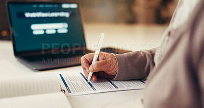 Buy stock photo Senior person, hands and writing on documents, form or application for retirement or life insurance policy. Pensioner, laptop and filling in paperwork with signature, legal agreement or notes in home