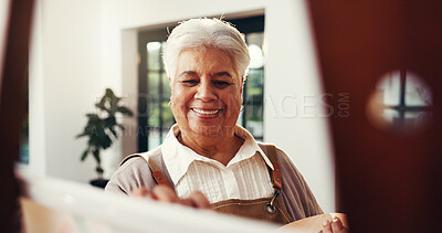 Buy stock photo Elderly woman, home and artist painting for creative self expression, talent or art. Retirement hobby, painter and canvas for artwork, inspiration or happy senior person drawing with easel in house
